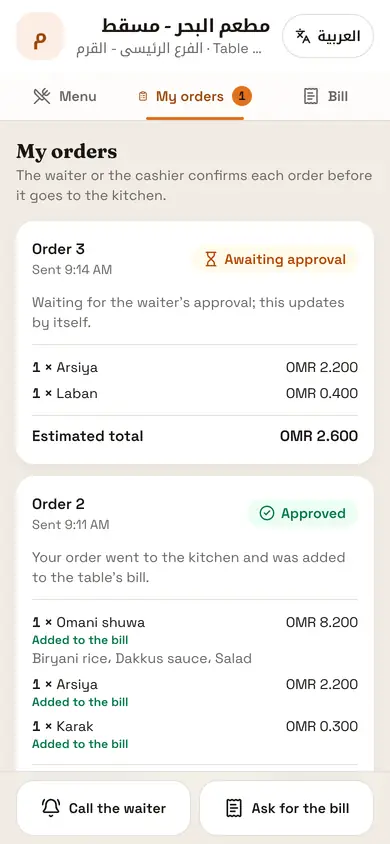 Confirmation that the guest order reached the cashier and waiter